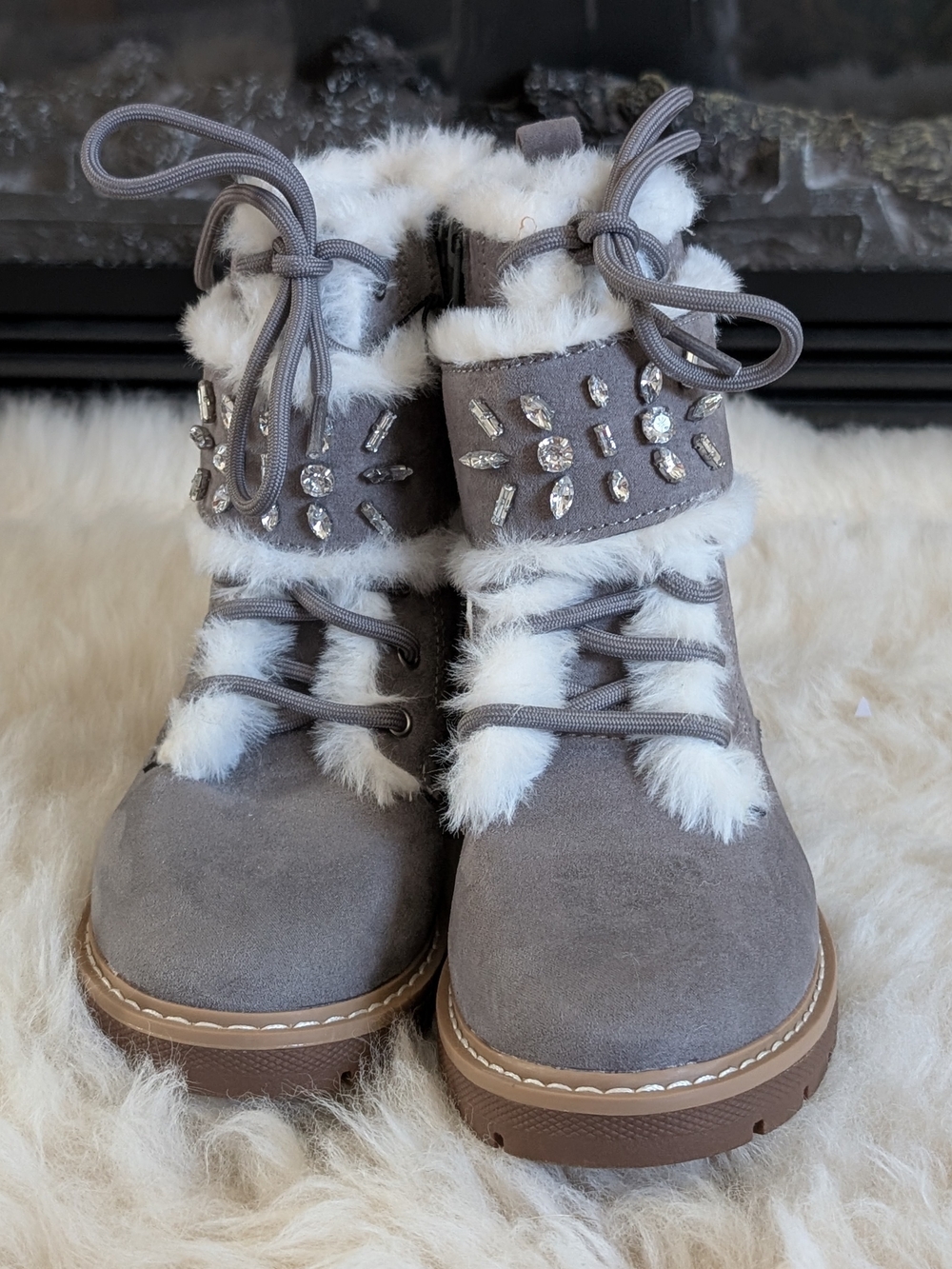 Girls' Gray Faux-Fur Jewel Winter Boots